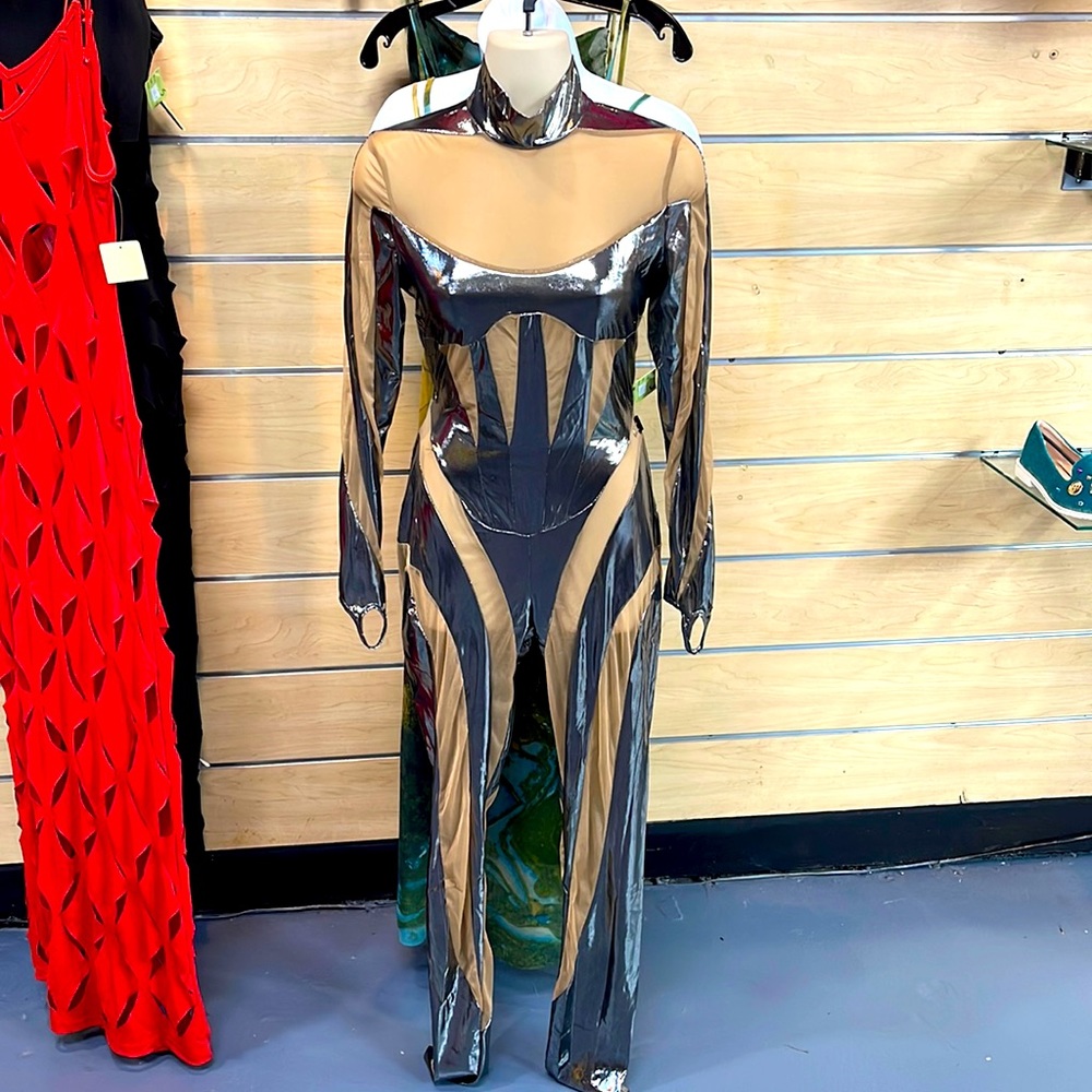 Sexy mesh see through splicing high waist slim fit jumpsuit